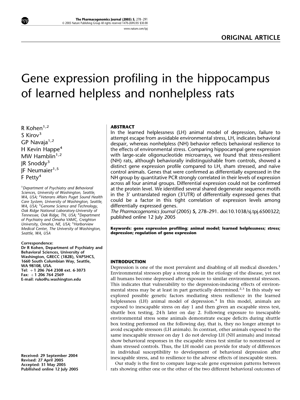 Gene Expression Profiling in the Hippocampus of Learned Helpless and Nonhelpless Rats