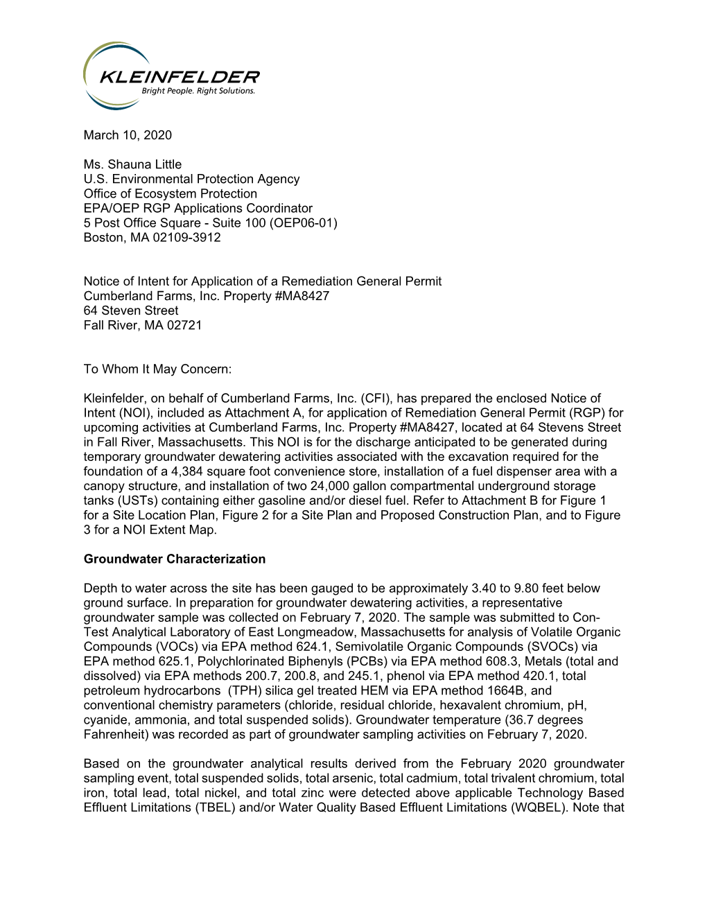 Notice of Intent for Application of a Remediation General Permit, Cumberland Farms, Inc. Property #MA8427, 64 Steven Street