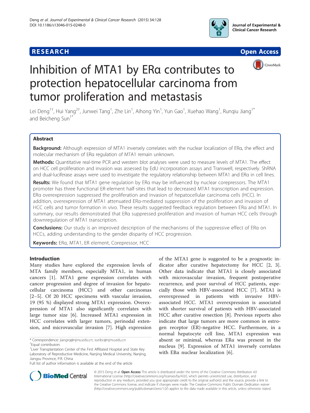 Inhibition of MTA1 by Erα Contributes to Protection Hepatocellular