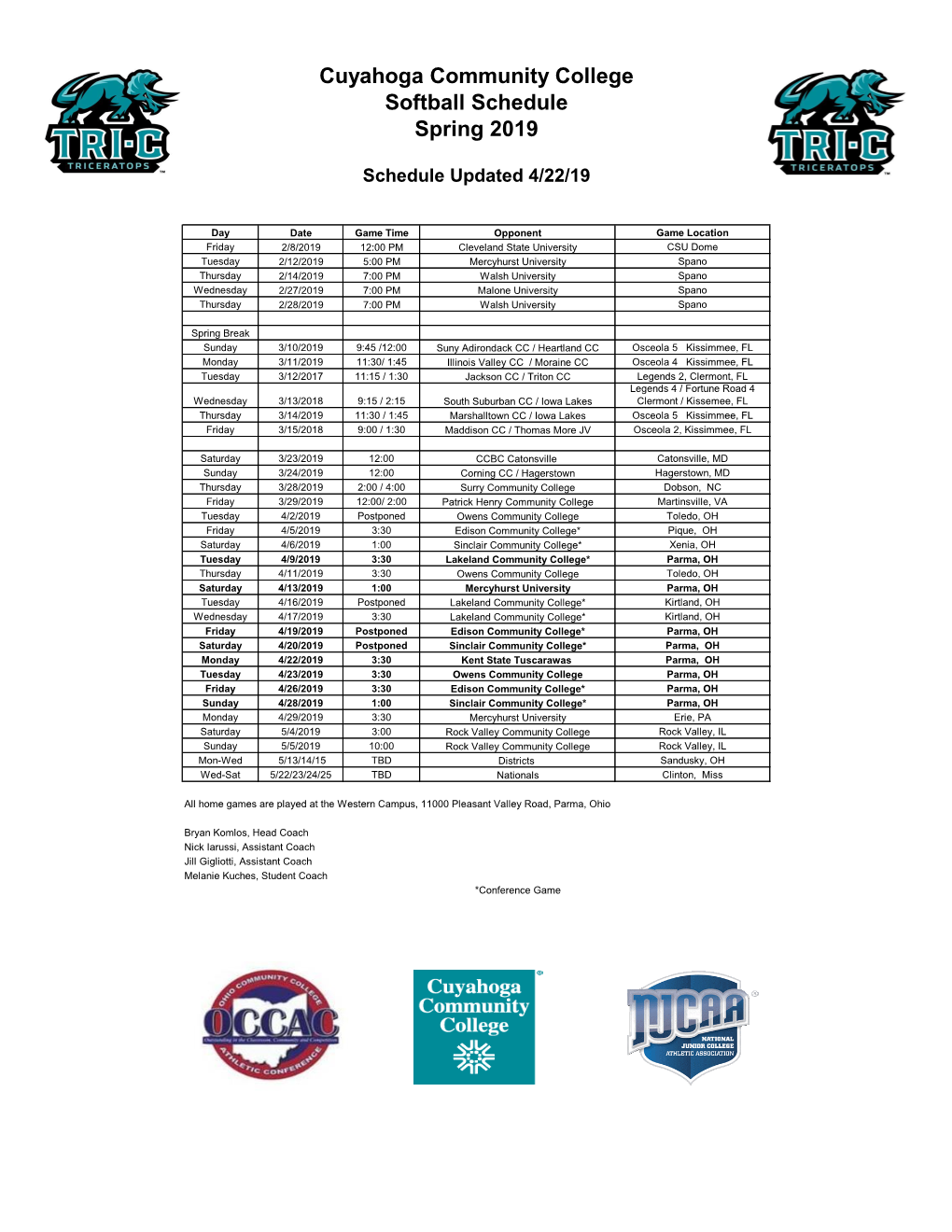 Cuyahoga Community College Softball Schedule Spring 2019