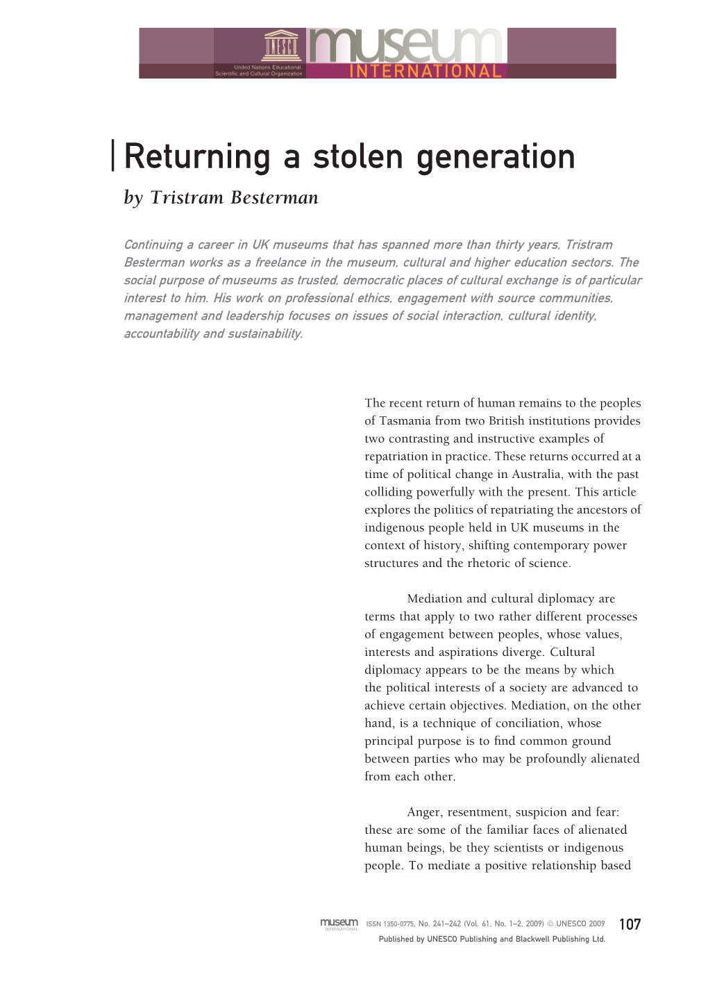 Returning a Stolen Generation by Tristram Besterman