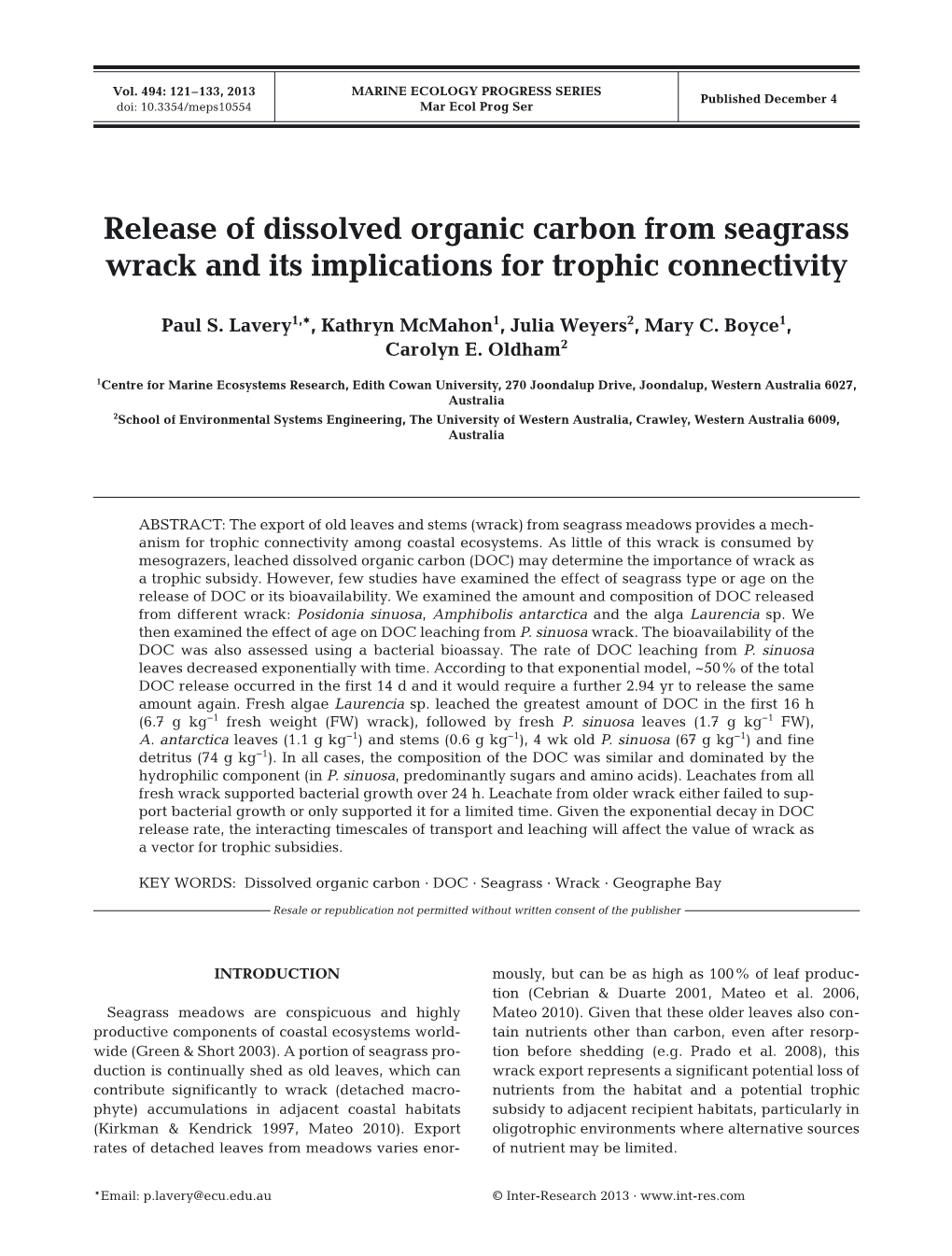 Release of Dissolved Organic Carbon from Seagrass Wrack and Its Implications for Trophic Connectivity