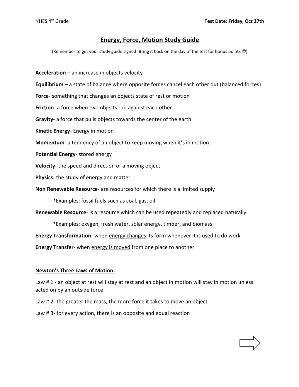 Energy, Force, Motion Study Guide