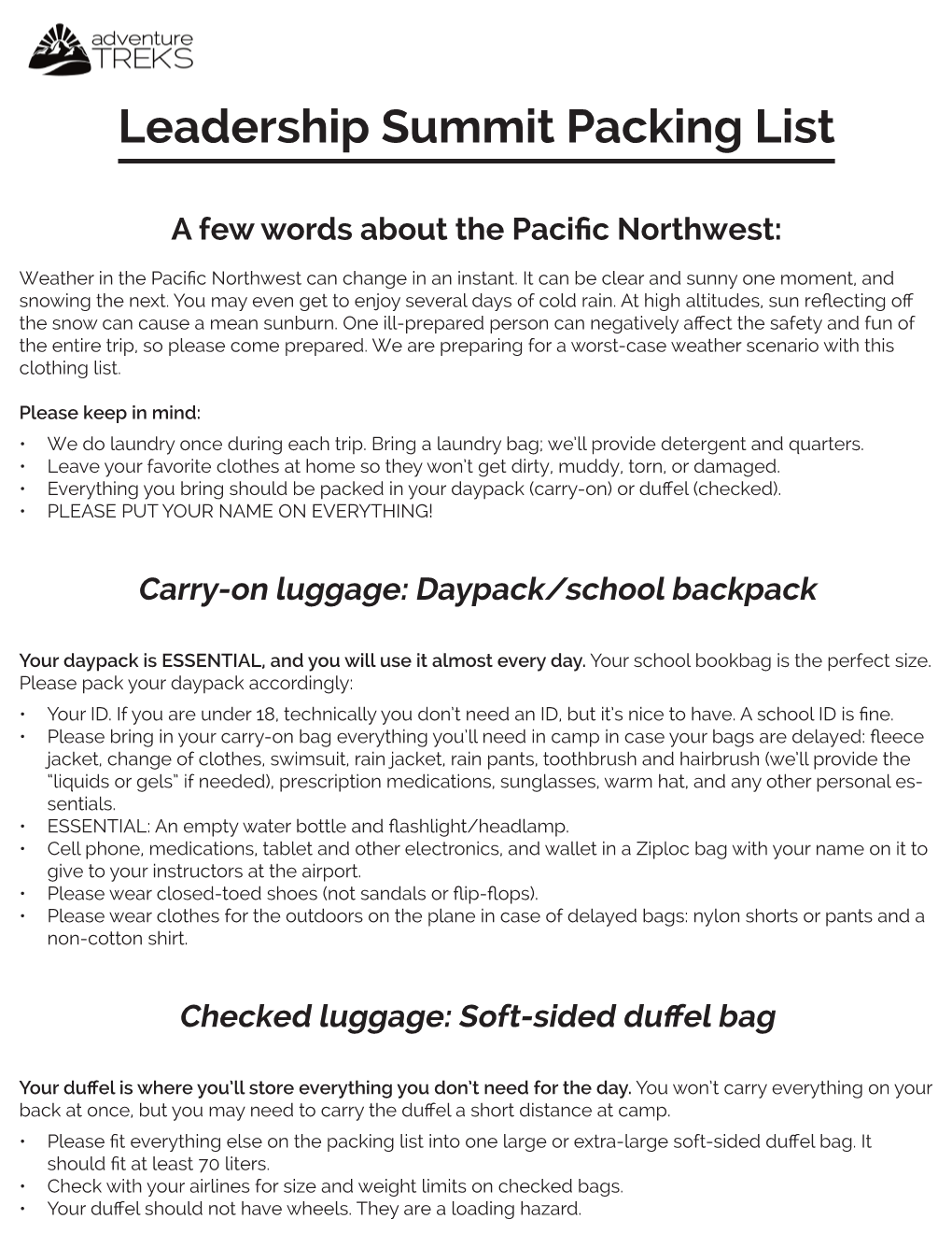 Leadership Summit Packing List