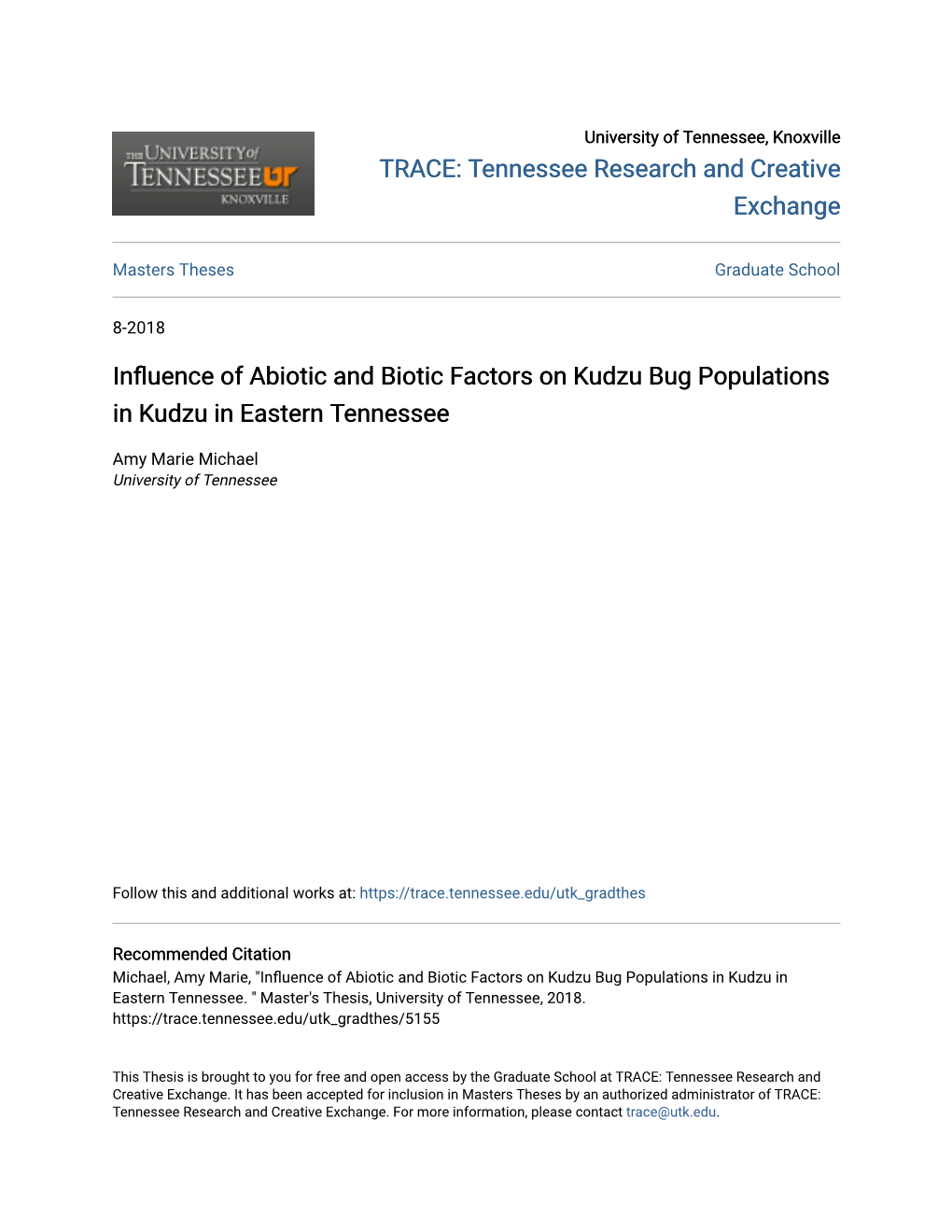 Influence of Abiotic and Biotic Factors on Kudzu Bug Populations in Kudzu in Eastern Tennessee