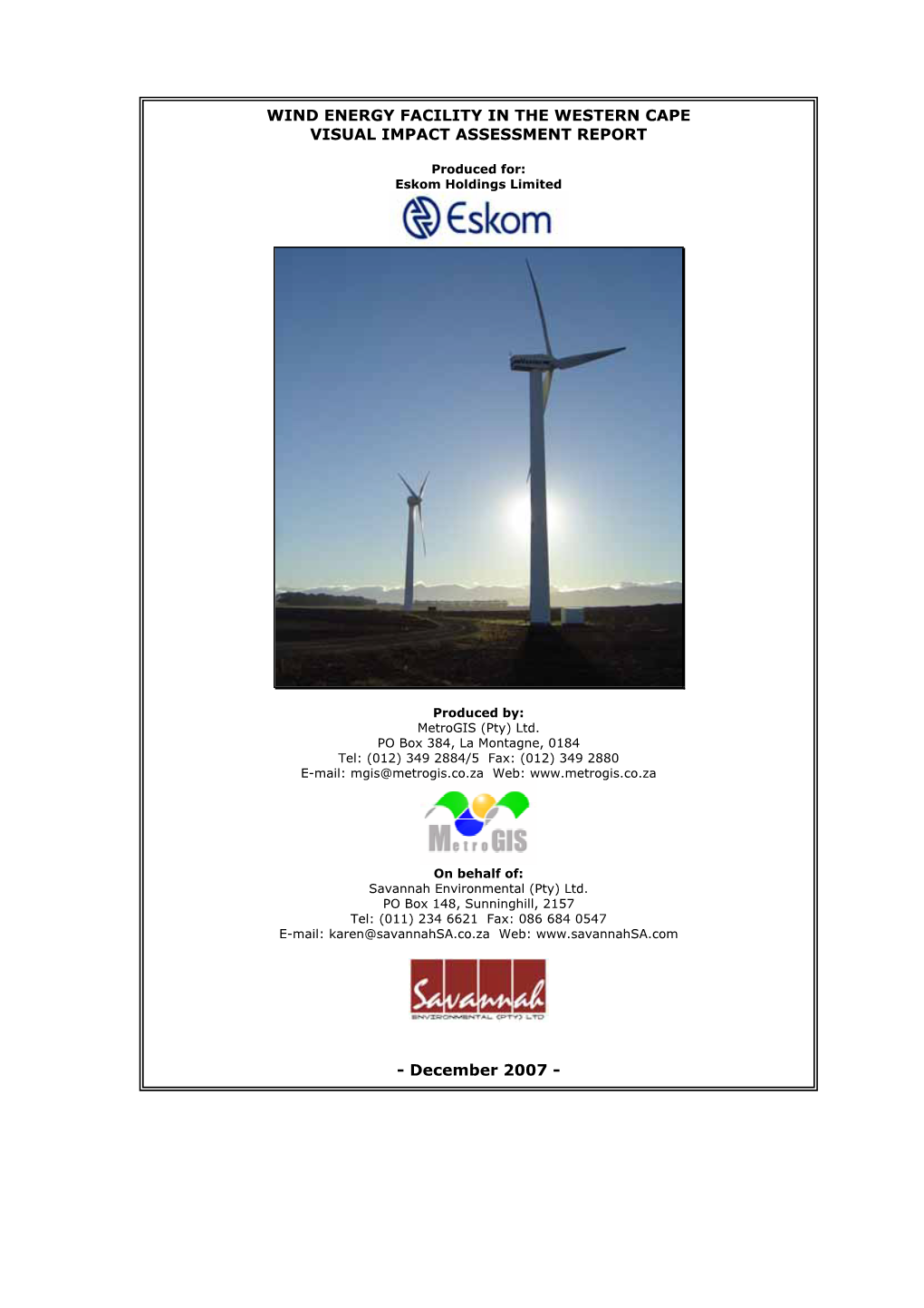 Wind Energy Facility in the Western Cape Visual Impact Assessment Report