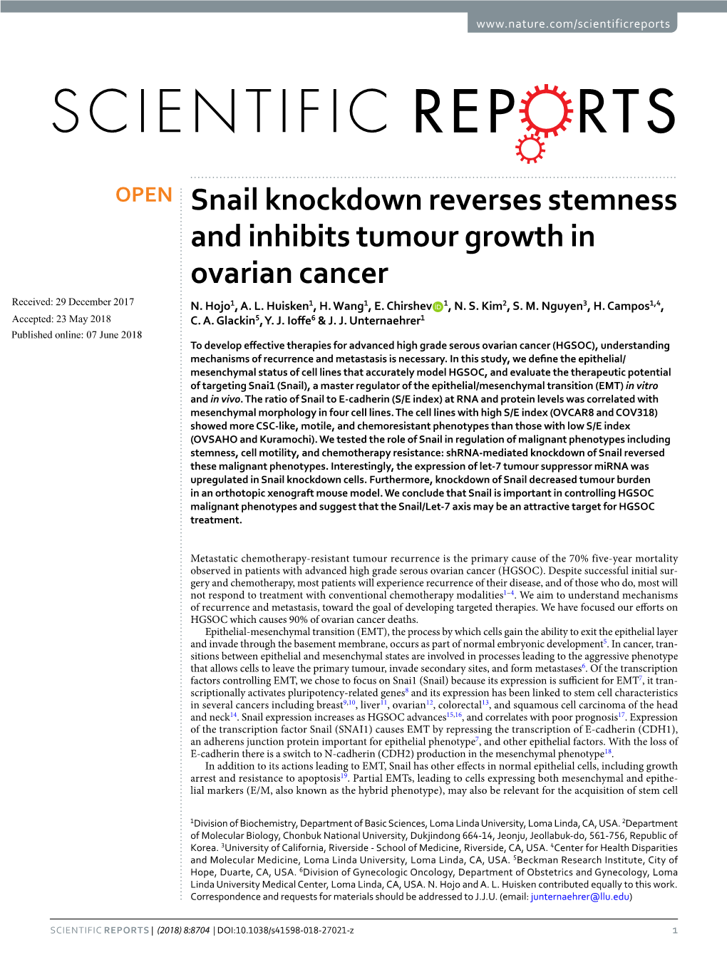Snail Knockdown Reverses Stemness and Inhibits Tumour Growth in Ovarian Cancer Received: 29 December 2017 N