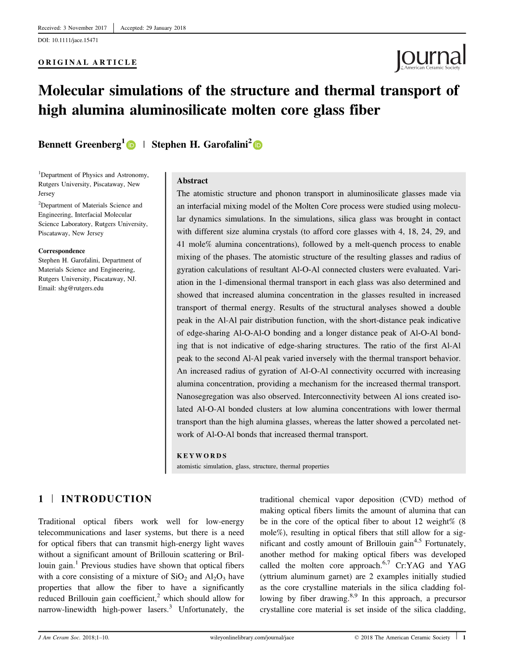 Molecular Simulations of the Structure and Thermal Transport of High Alumina Aluminosilicate Molten Core Glass Fiber