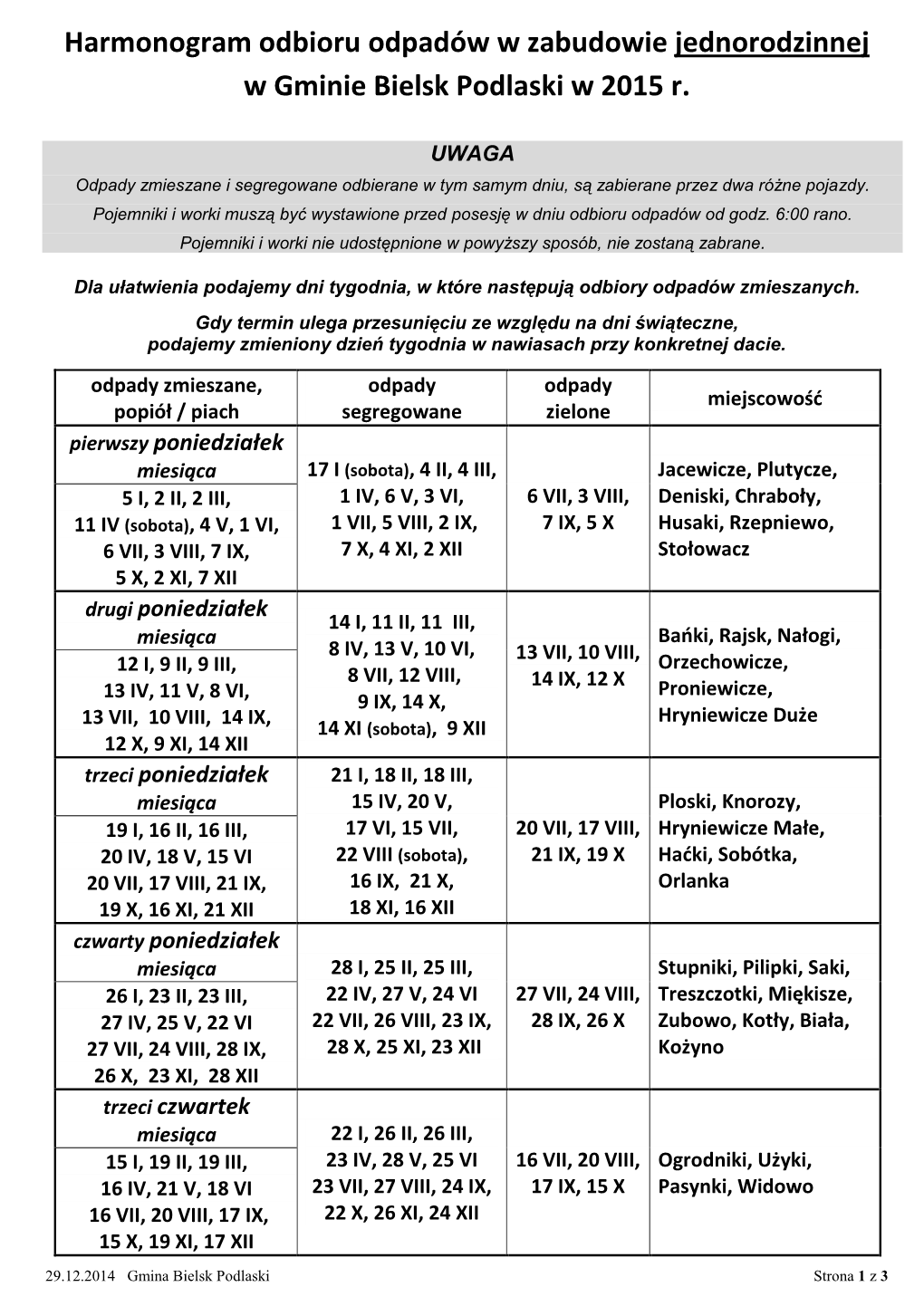 Harmonogram Odbioru Odpadów W Zabudowie Jednorodzinnej W Gminie Bielsk Podlaski W 2015 R