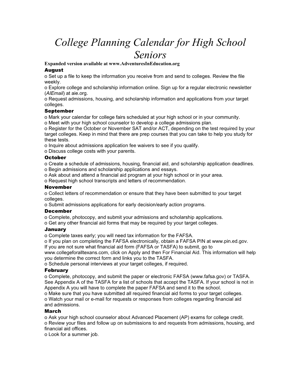 College Planning Calendar for High School Seniors