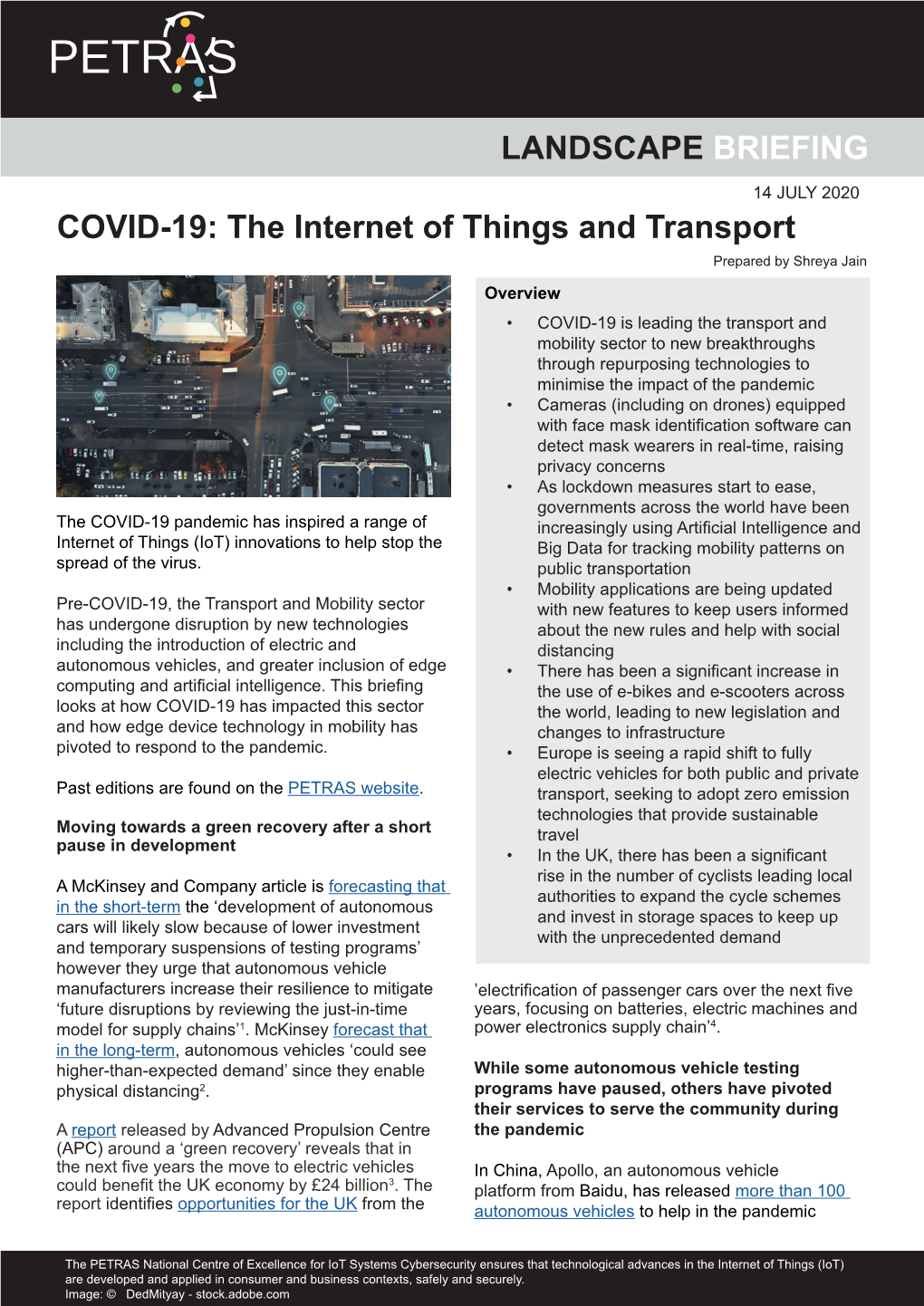 COVID-19: the Internet of Things and Transport Prepared by Shreya Jain