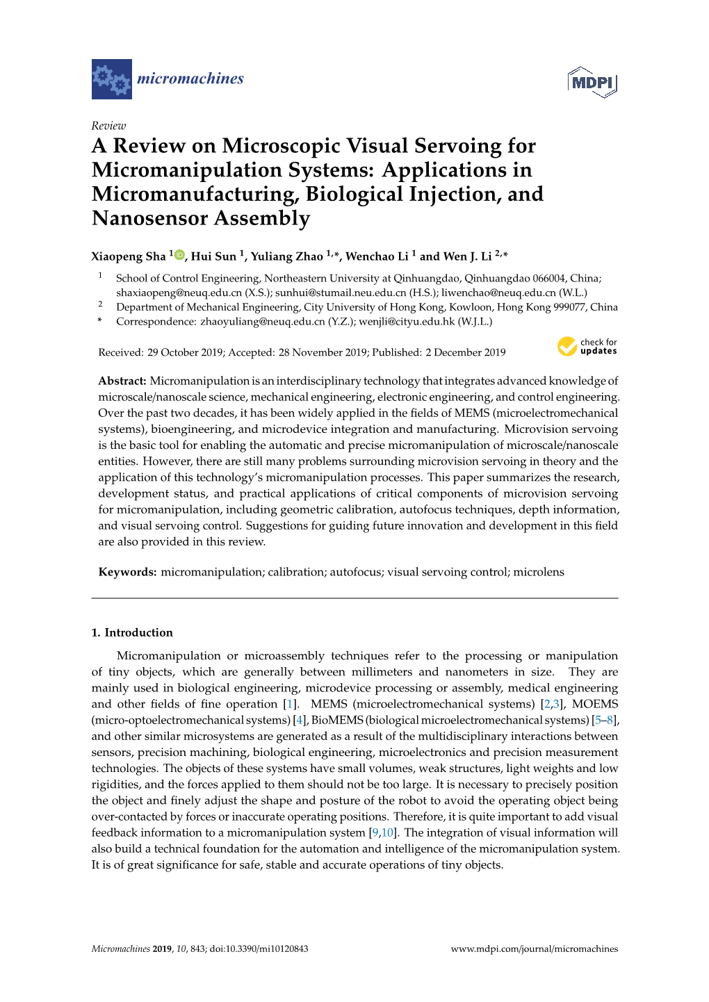A Review on Microscopic Visual Servoing for Micromanipulation Systems: Applications in Micromanufacturing, Biological Injection, and Nanosensor Assembly