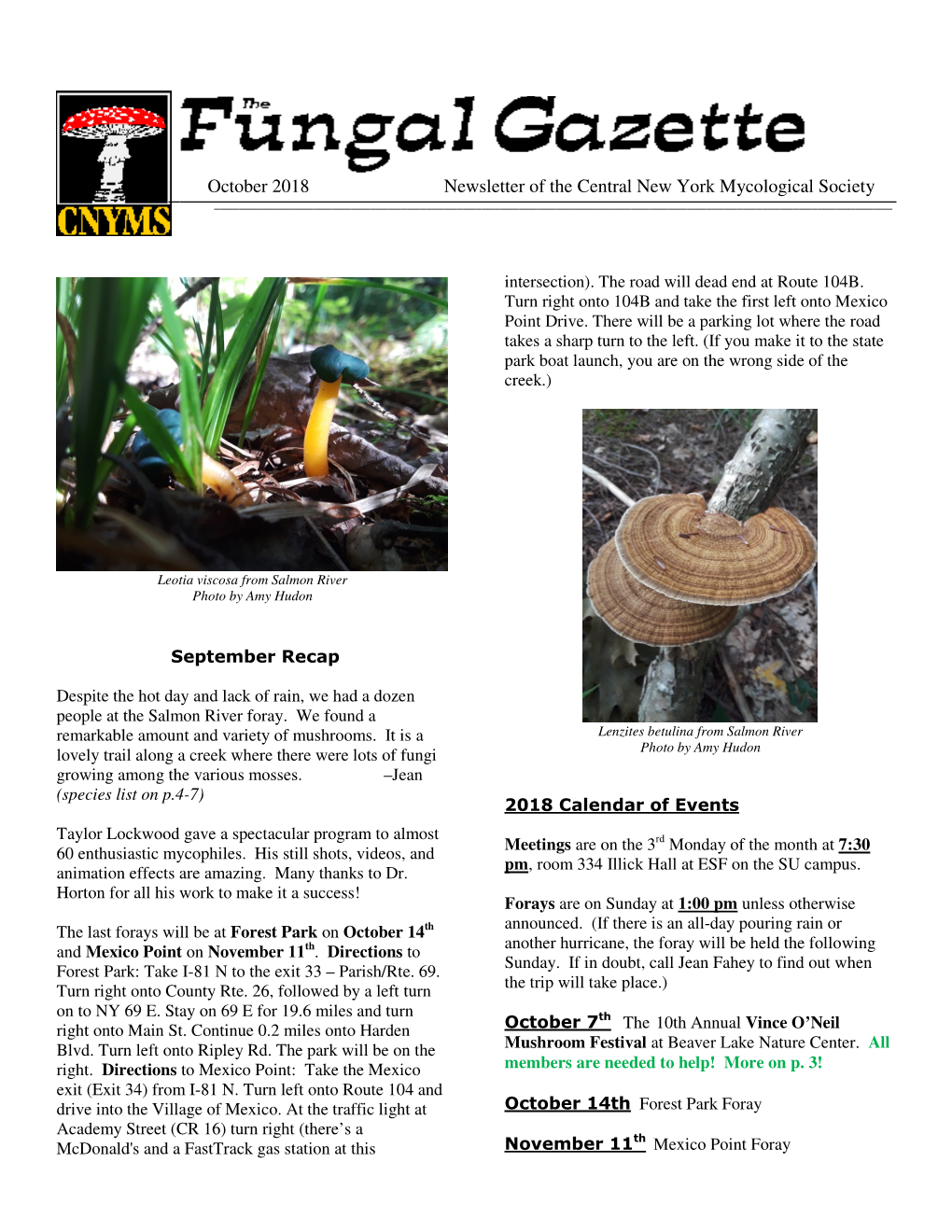 October 2018 Newsletter of the Central New York Mycological Society ______