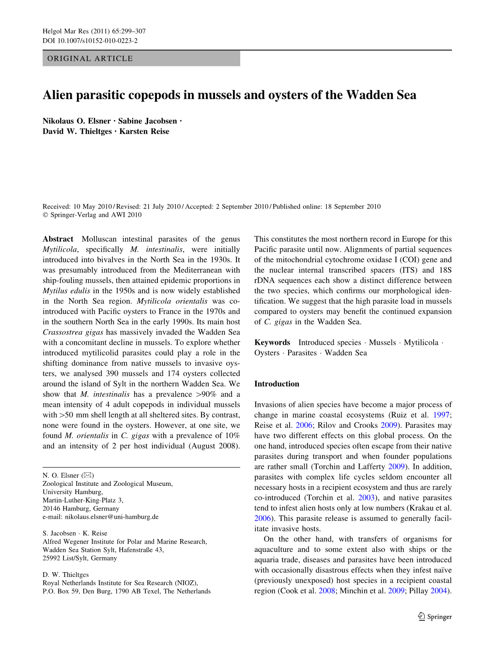 Alien Parasitic Copepods in Mussels and Oysters of the Wadden Sea