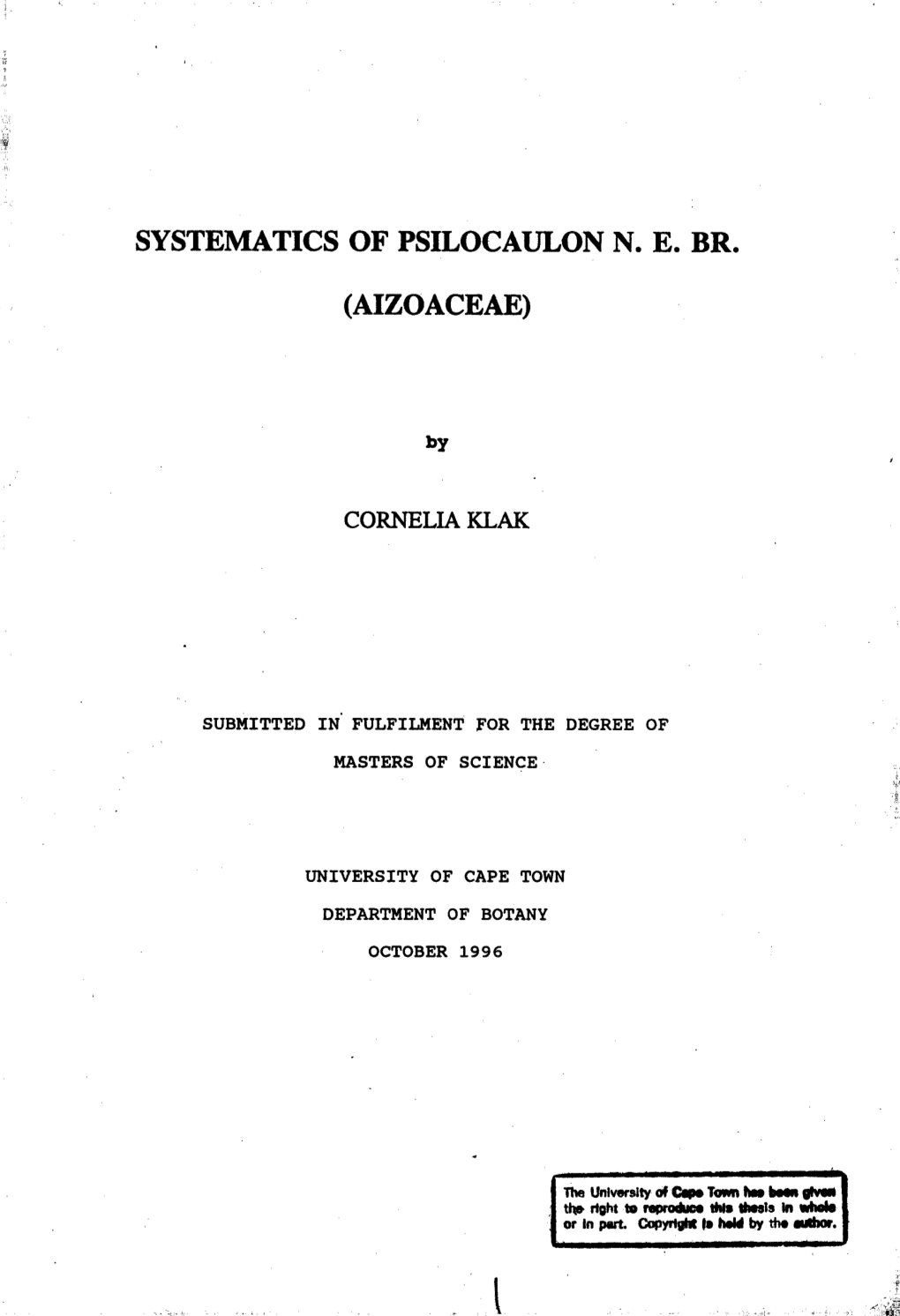 Systematics of Psilocaulon Ne Br. (Aizoaceae)