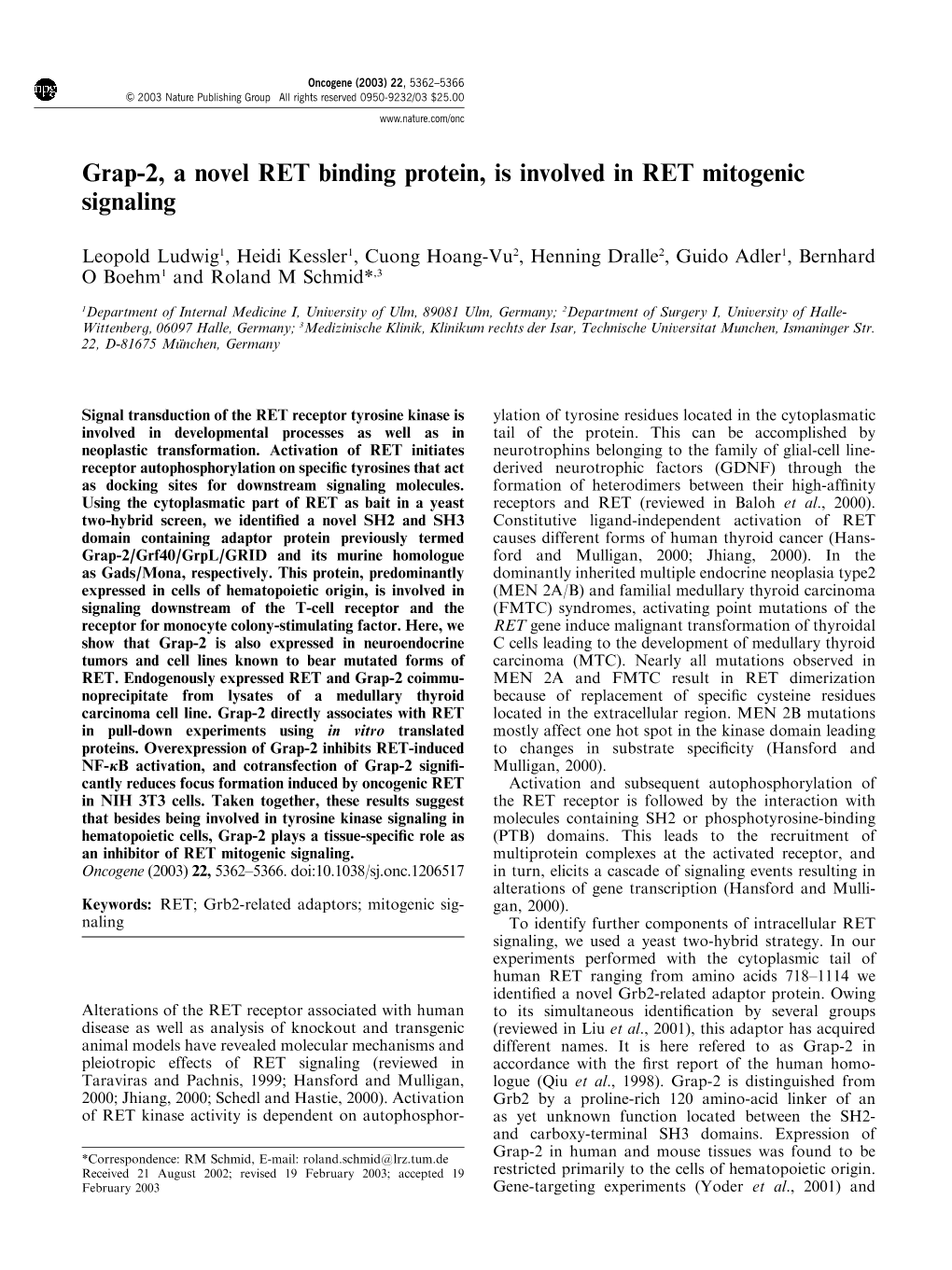 Grap-2, a Novel RET Binding Protein, Is Involved in RET Mitogenic Signaling