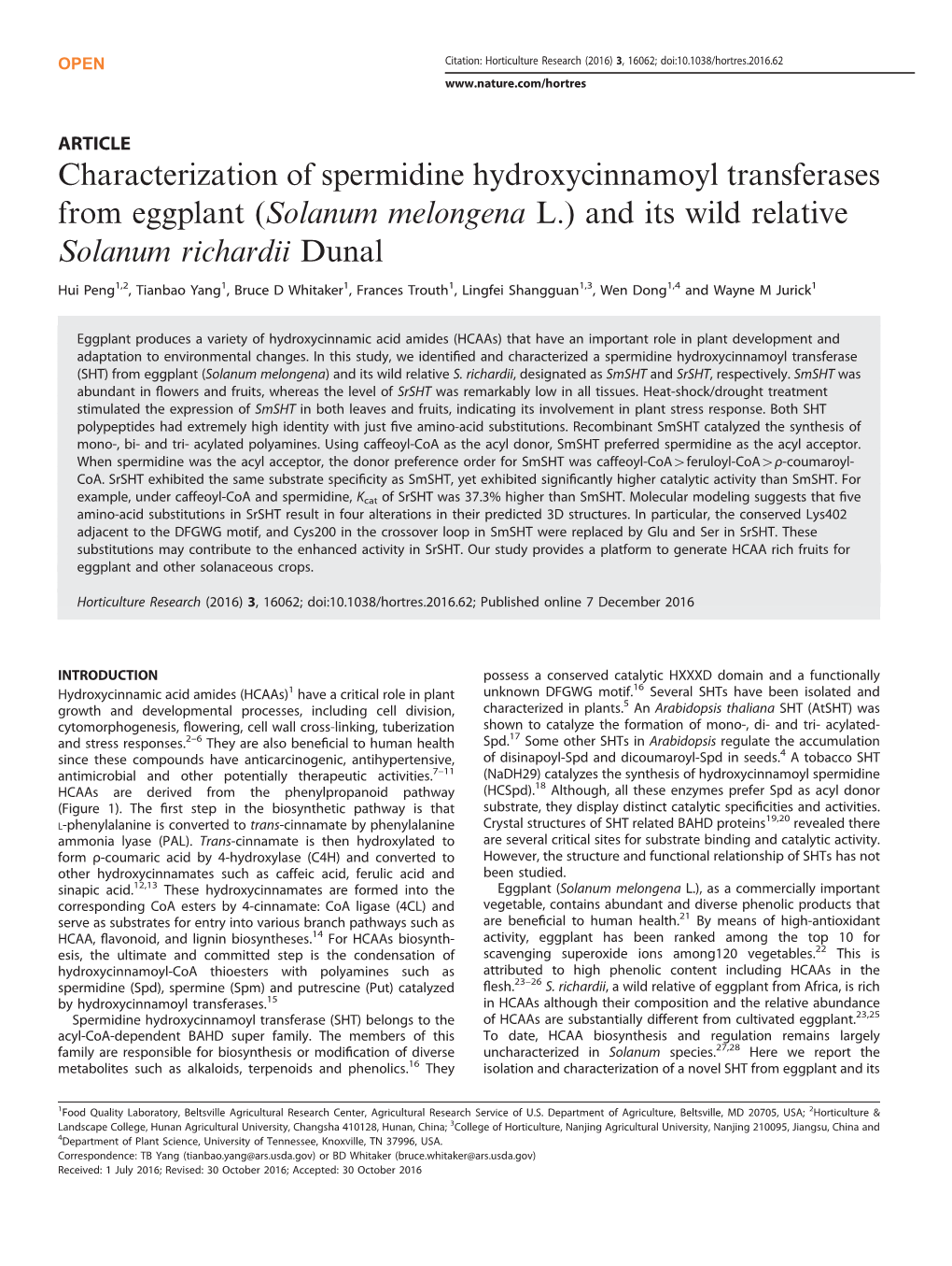 Characterization of Spermidine Hydroxycinnamoyl Transferases from Eggplant (Solanum Melongena L.) and Its Wild Relative Solanum Richardii Dunal