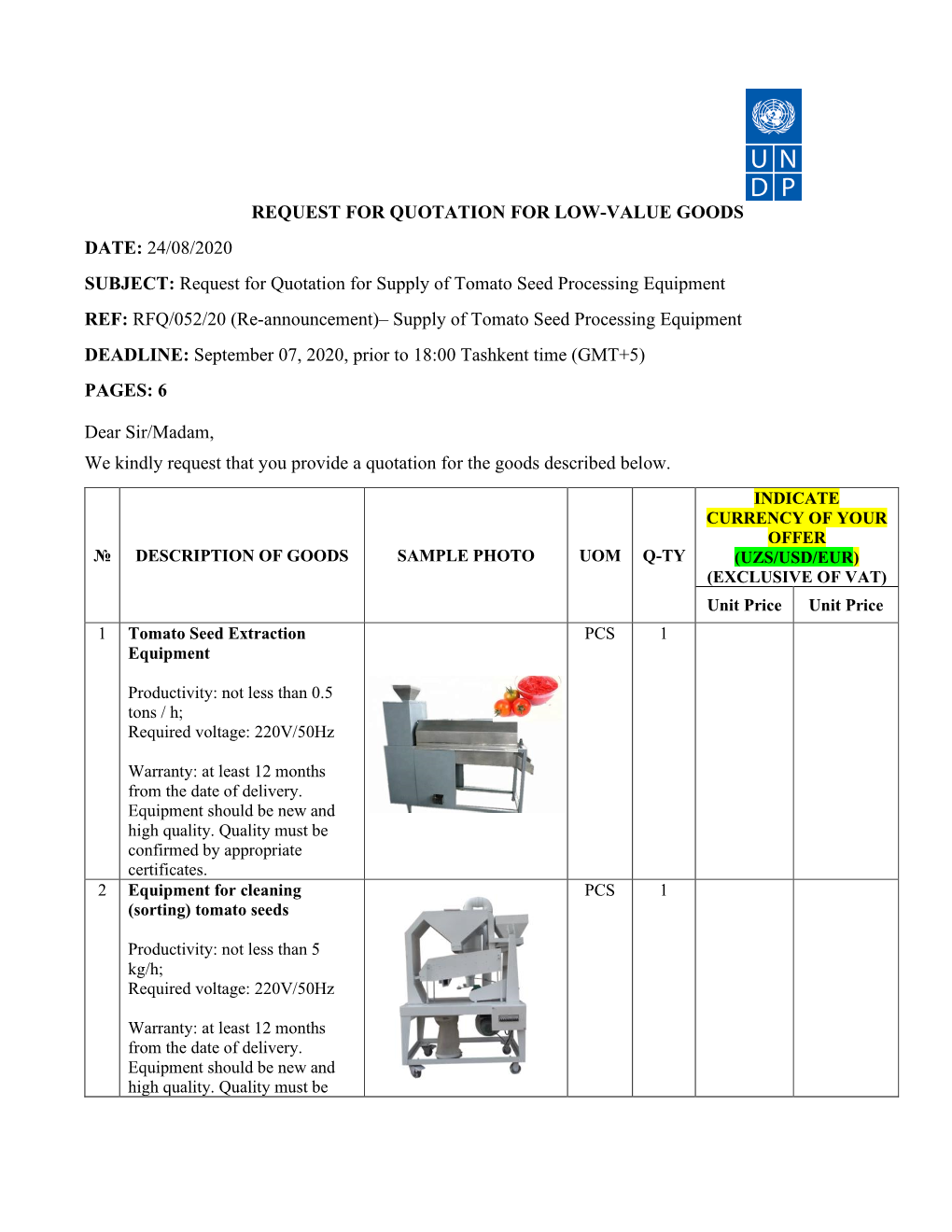 Request for Quotation for Supply Of