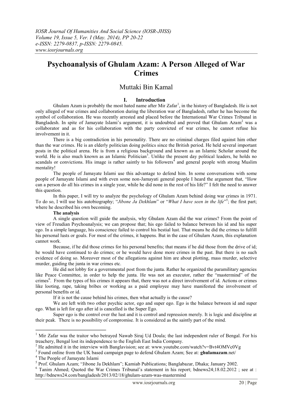 Psychoanalysis of Ghulam Azam: a Person Alleged of War Crimes