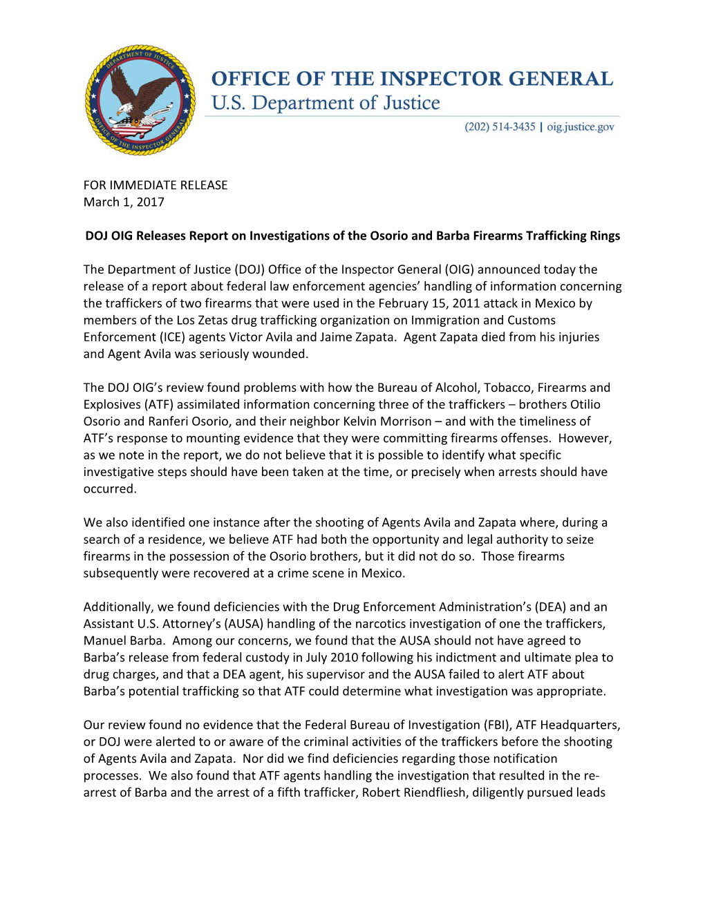 DOJ OIG Releases Report on Investigations of the Osorio and Barba Firearms Trafficking Rings