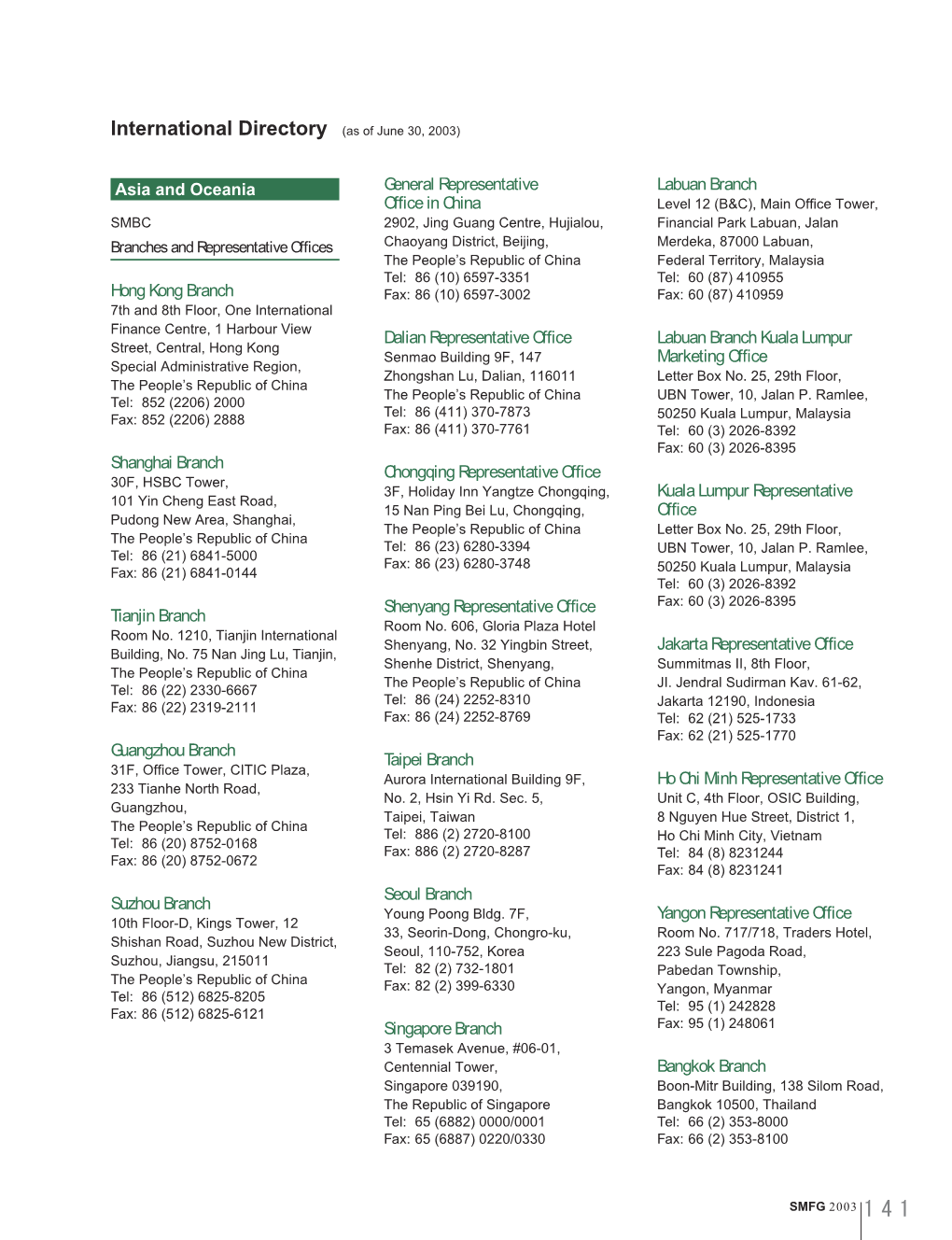 International Directory (As of June 30, 2003)