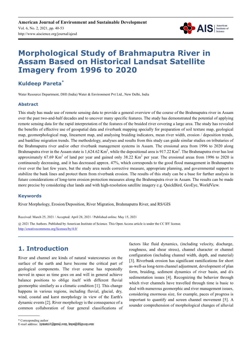 Morphological Study of Brahmaputra River in Assam Based on Historical Landsat Satellite Imagery from 1996 to 2020