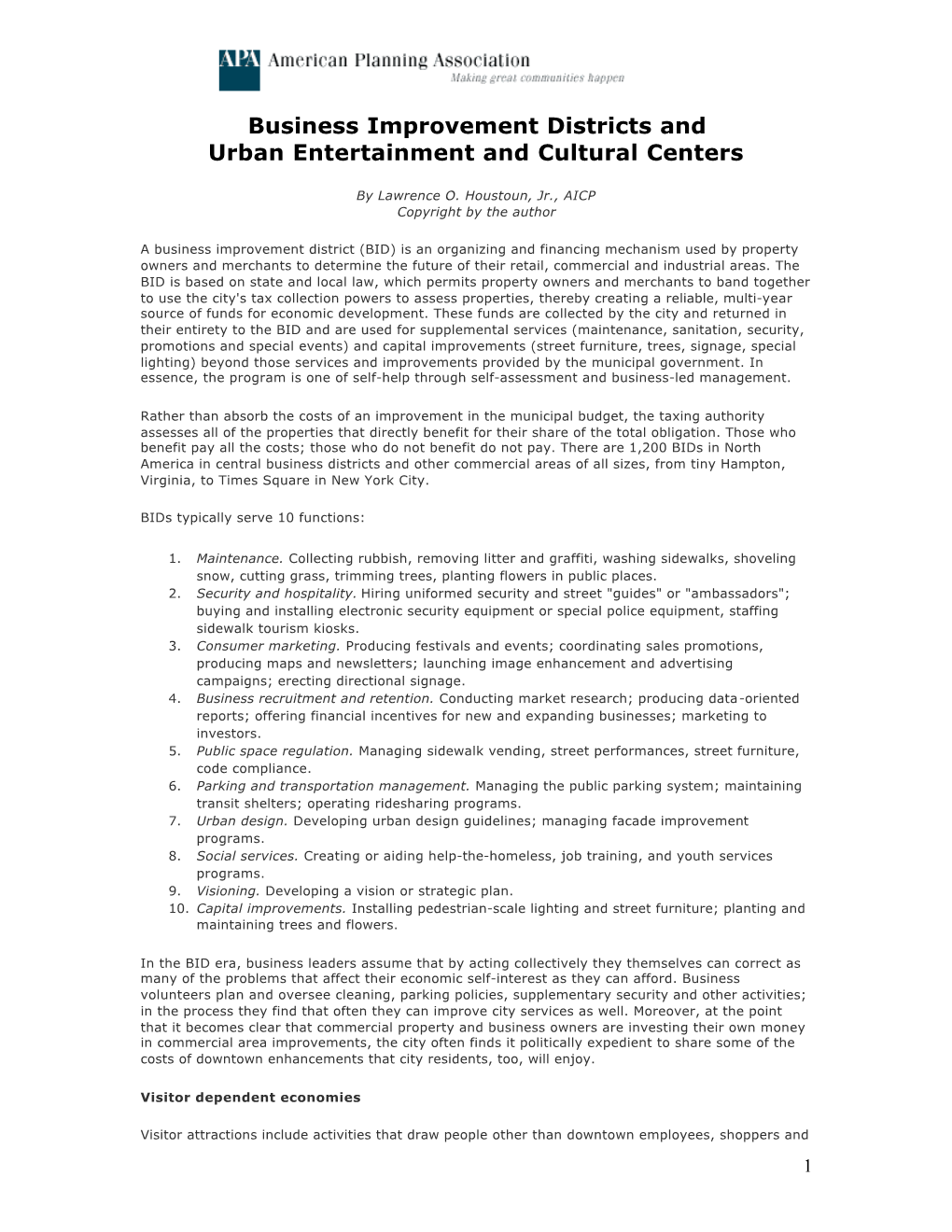 Business Improvement Districts and Urban Entertainment And…