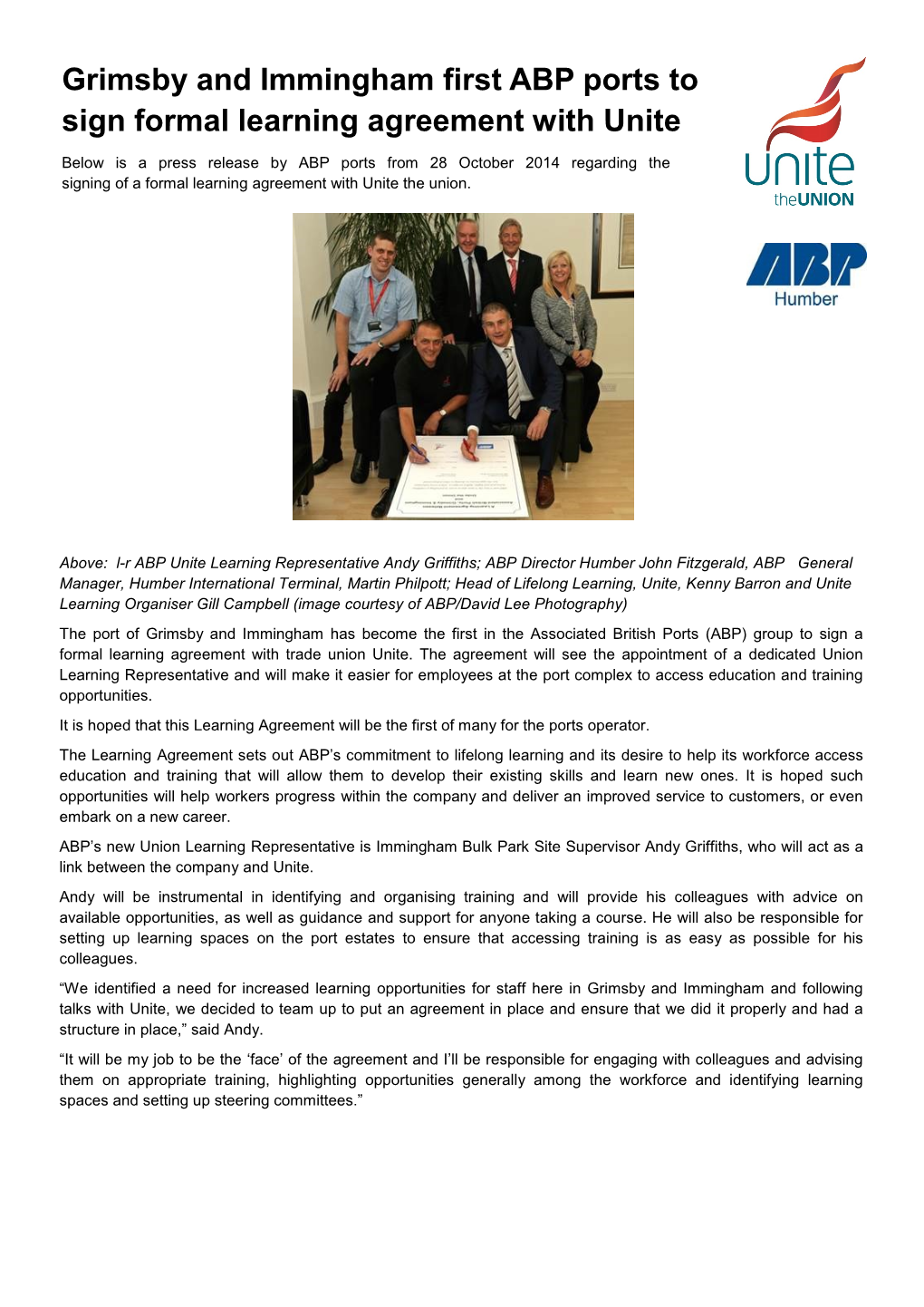 Grimsby and Immingham First ABP Ports to Sign Formal Learning