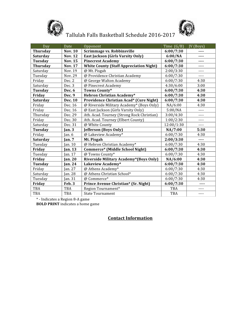 Tallulah Falls Basketball Schedule 2016-2017