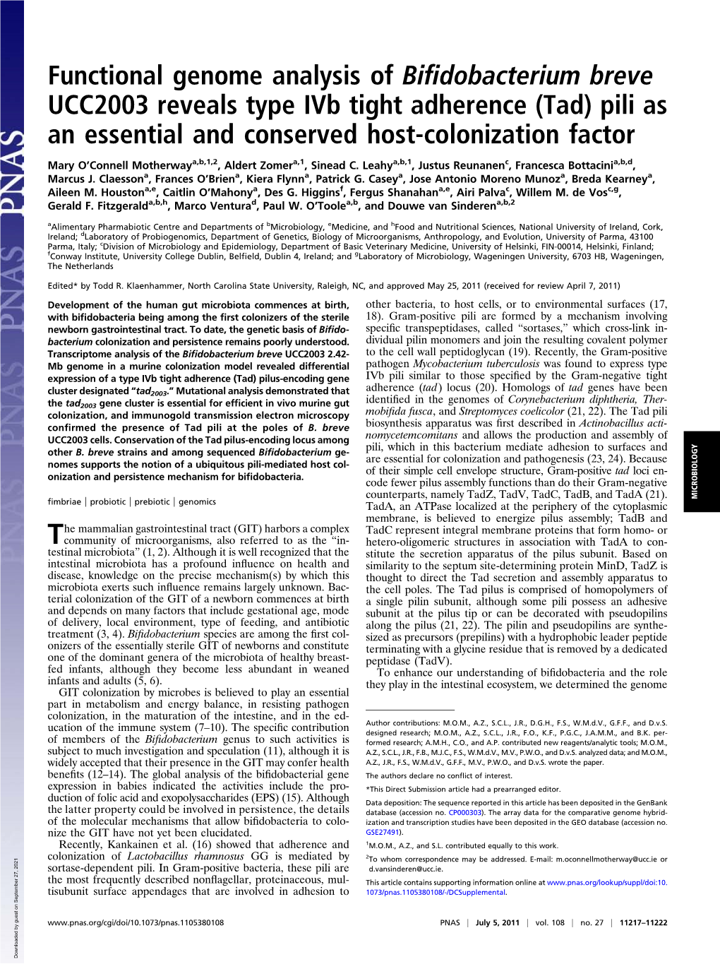 Functional Genome Analysis of Bifidobacterium Breve UCC2003