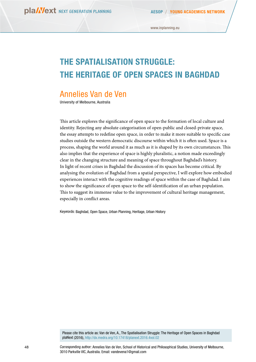 The Spatialisation Struggle: the Heritage of Open Spaces in Baghdad