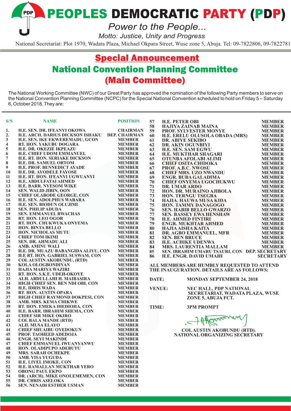 Advert Special National Convention Committee Main