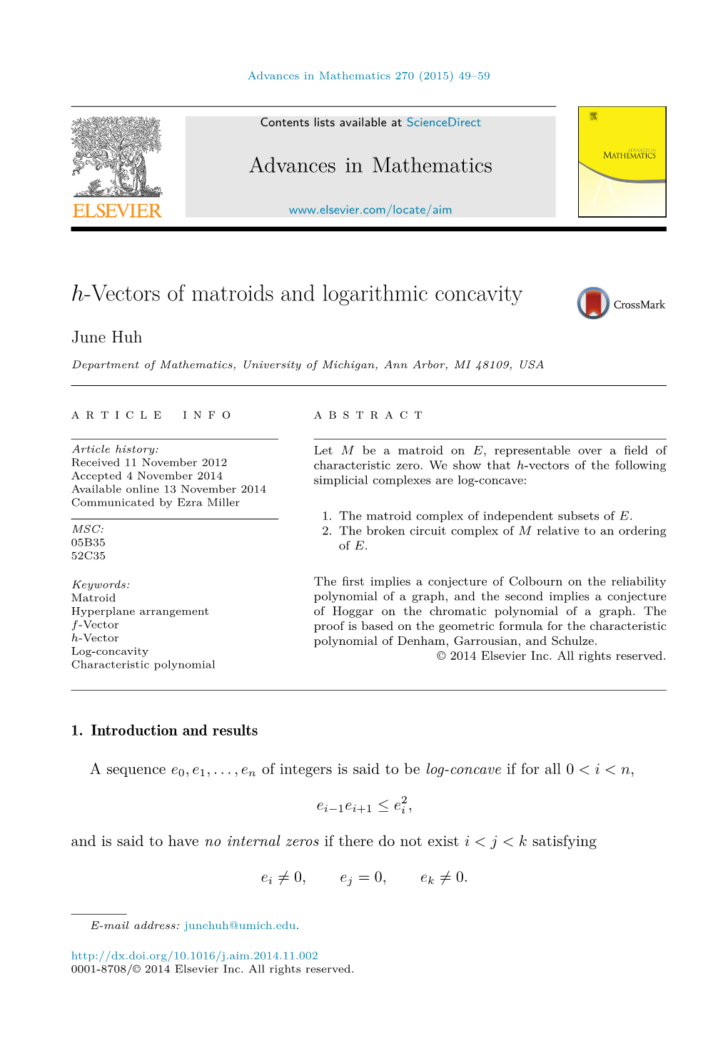 H-Vectors of Matroids and Logarithmic Concavity