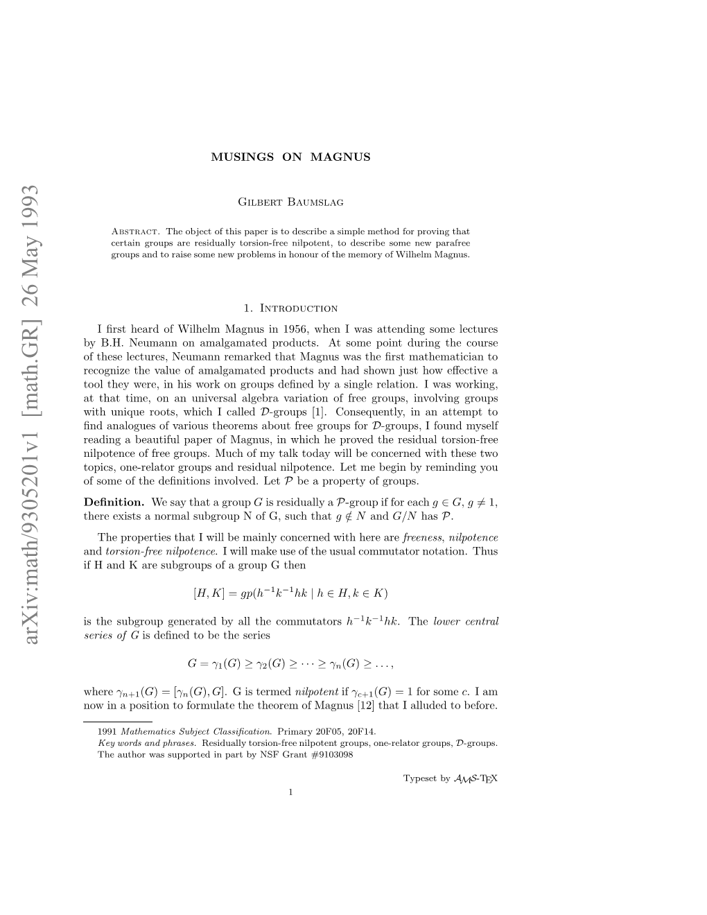 Arxiv:Math/9305201V1 [Math.GR] 26 May 1993