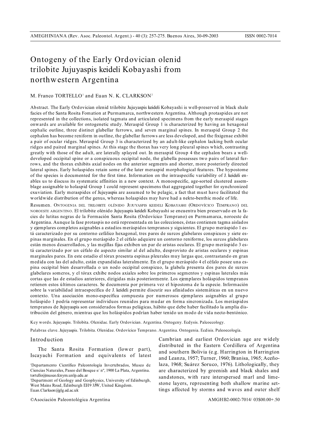 Ontogeny of the Early Ordovician Olenid Trilobite Jujuyaspis Keidelikobayashi from Northwestern Argentina