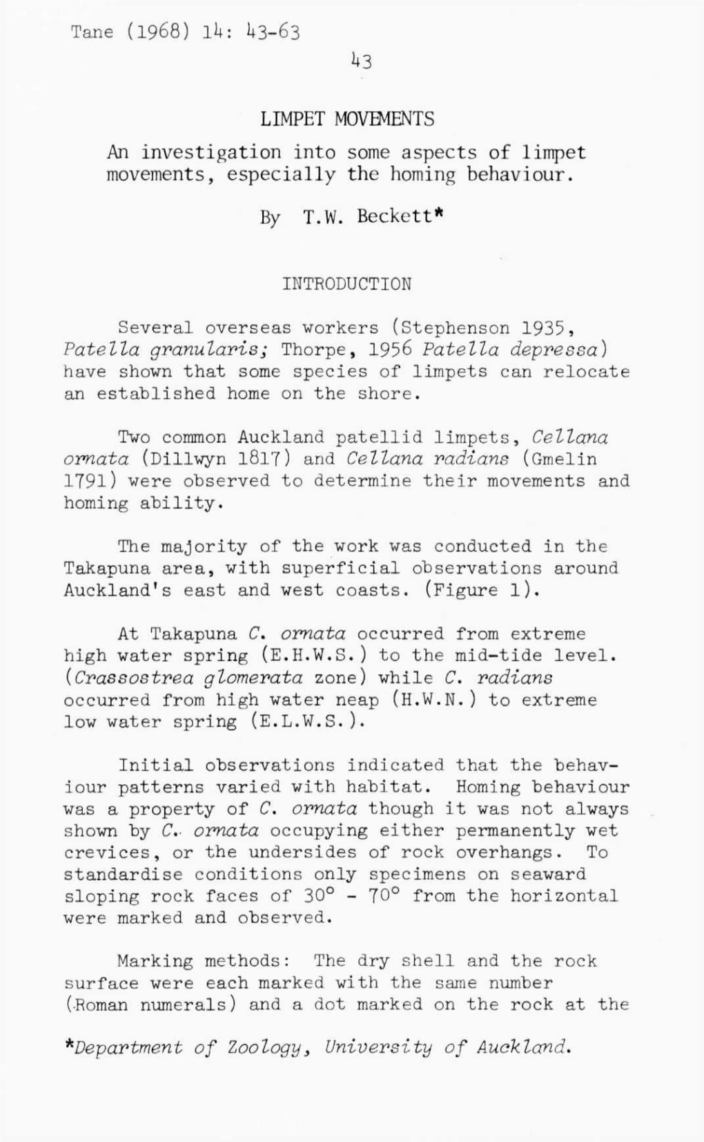 LIMPET MOVEMENTS an Investigation Into Some Aspects of Limpet Movements, Especially the Homing Behaviour