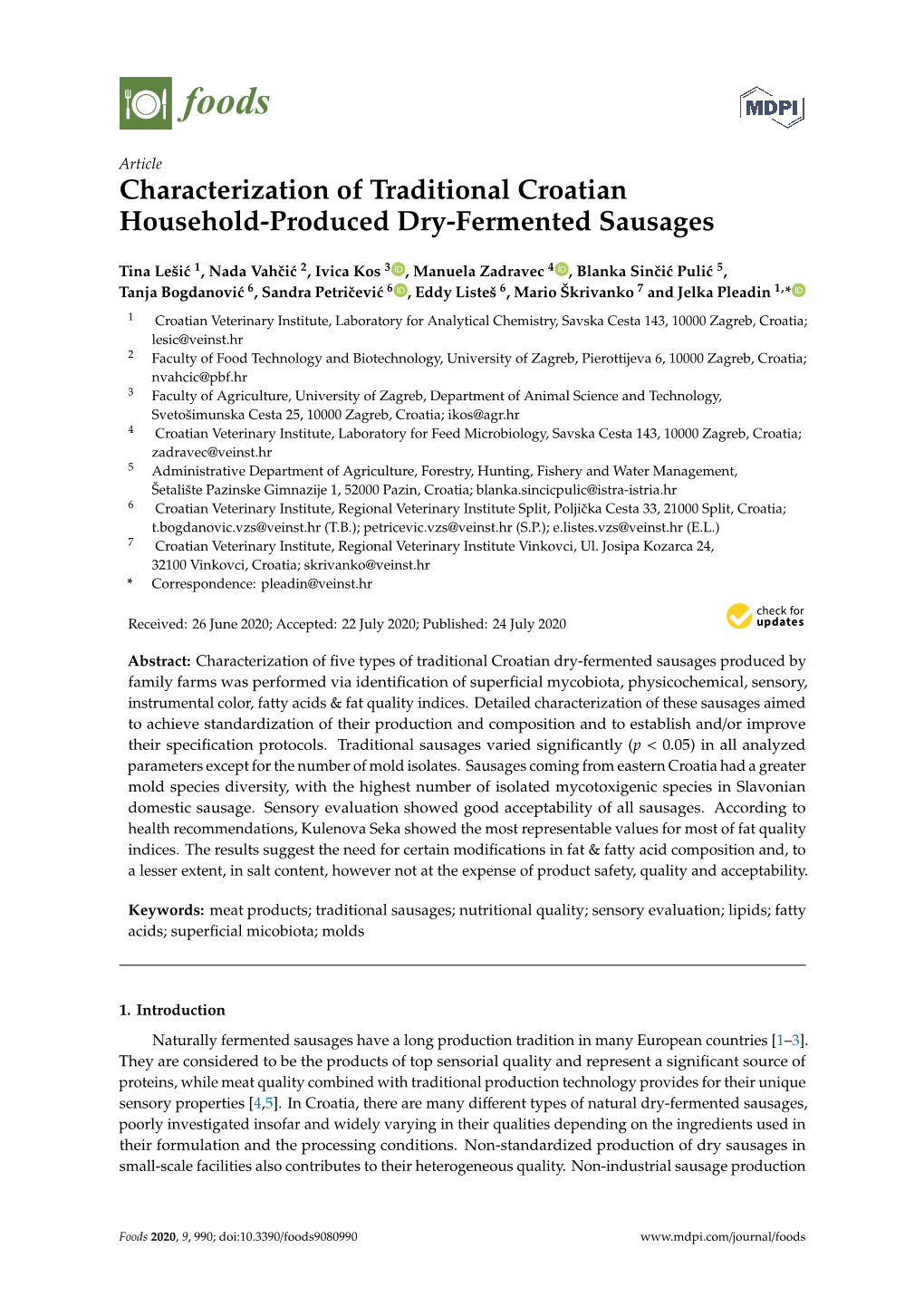 Characterization of Traditional Croatian Household-Produced Dry-Fermented Sausages