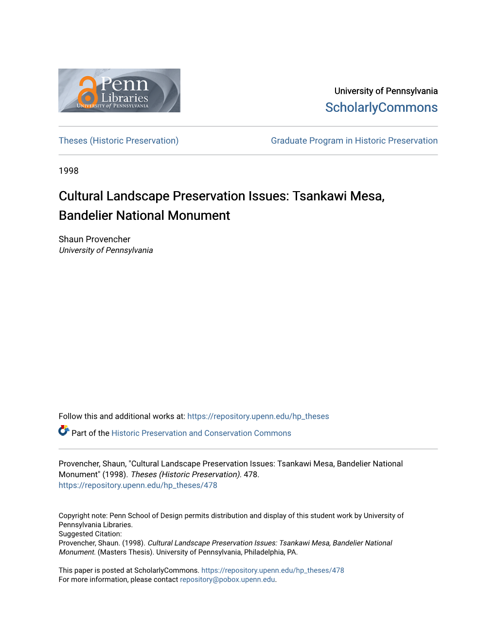 Cultural Landscape Preservation Issues: Tsankawi Mesa, Bandelier National Monument