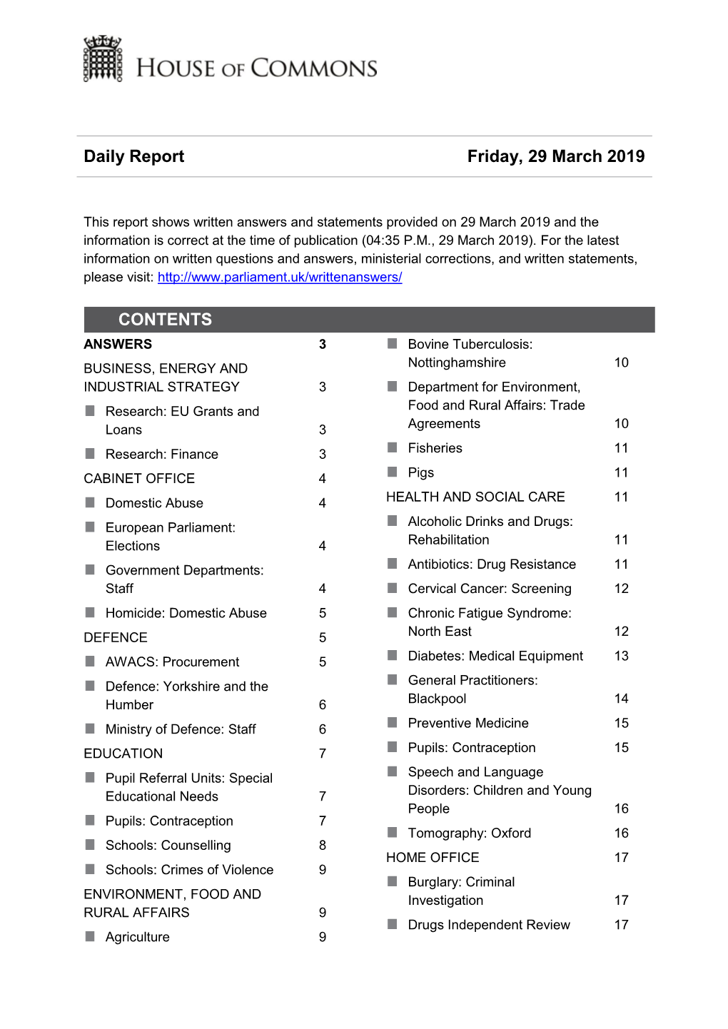 Daily Report Friday, 29 March 2019 CONTENTS