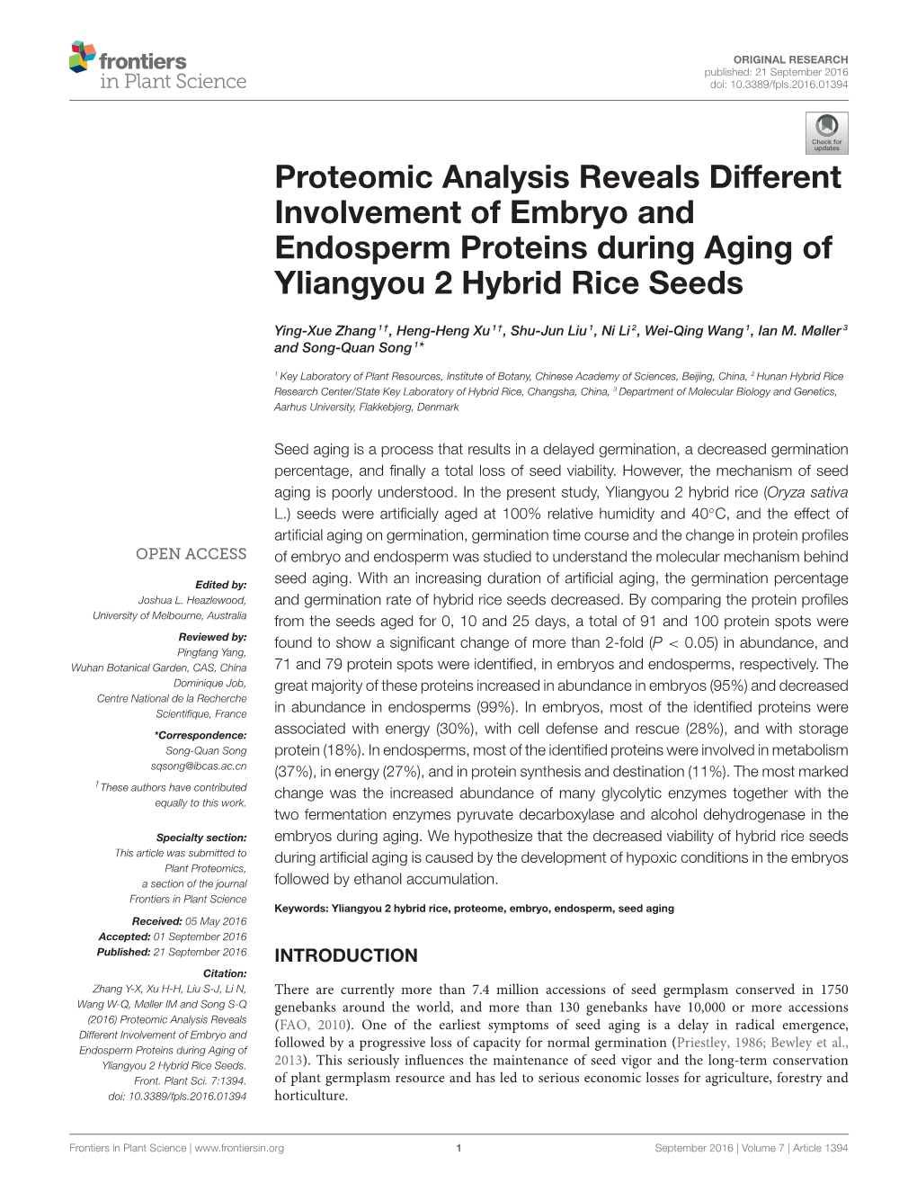 Proteomic Analysis Reveals Different Involvement of Embryo and Endosperm Proteins During Aging of Yliangyou 2 Hybrid Rice Seeds