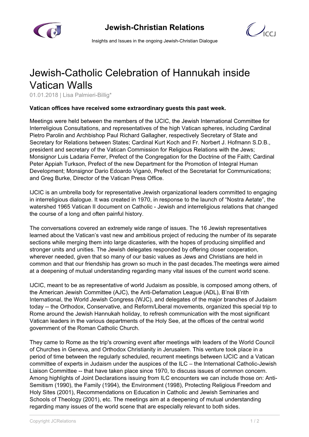 Jewish-Catholic Celebration of Hannukah Inside Vatican Walls 01.01.2018 | Lisa Palmieri-Billig*