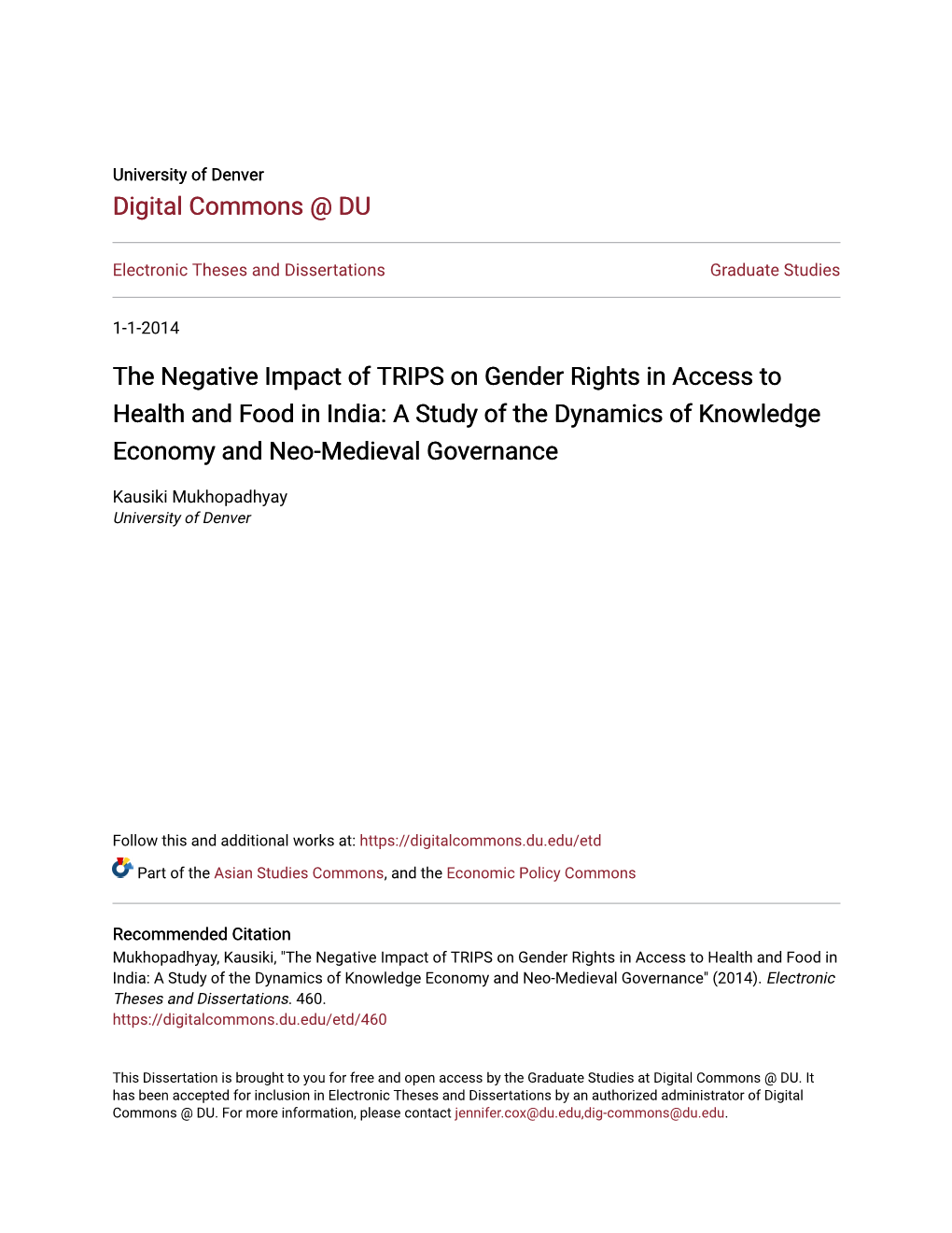 The Negative Impact of TRIPS on Gender Rights in Access to Health and Food in India: a Study of the Dynamics of Knowledge Economy and Neo-Medieval Governance