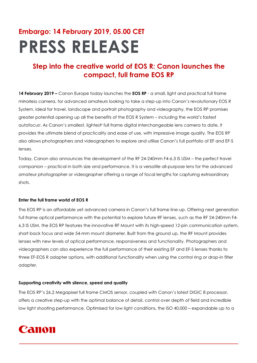 PRESS RELEASE Step Into the Creative World of EOS R: Canon Launches the Compact, Full Frame EOS RP