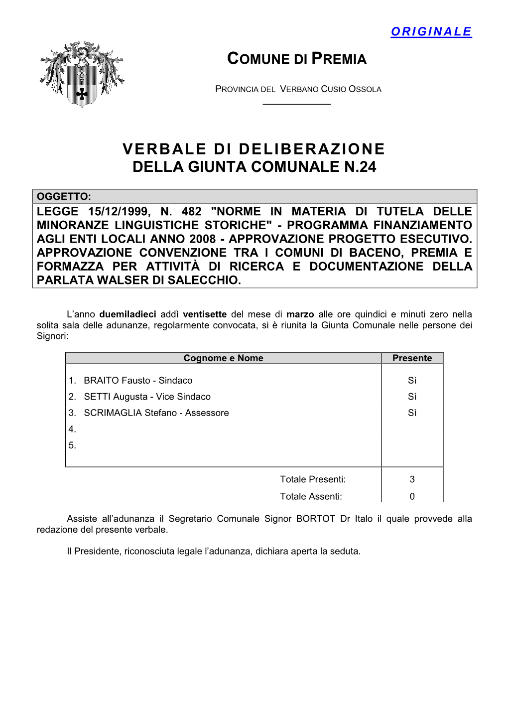 Verbale Di Deliberazione Della Giunta Comunale N.24