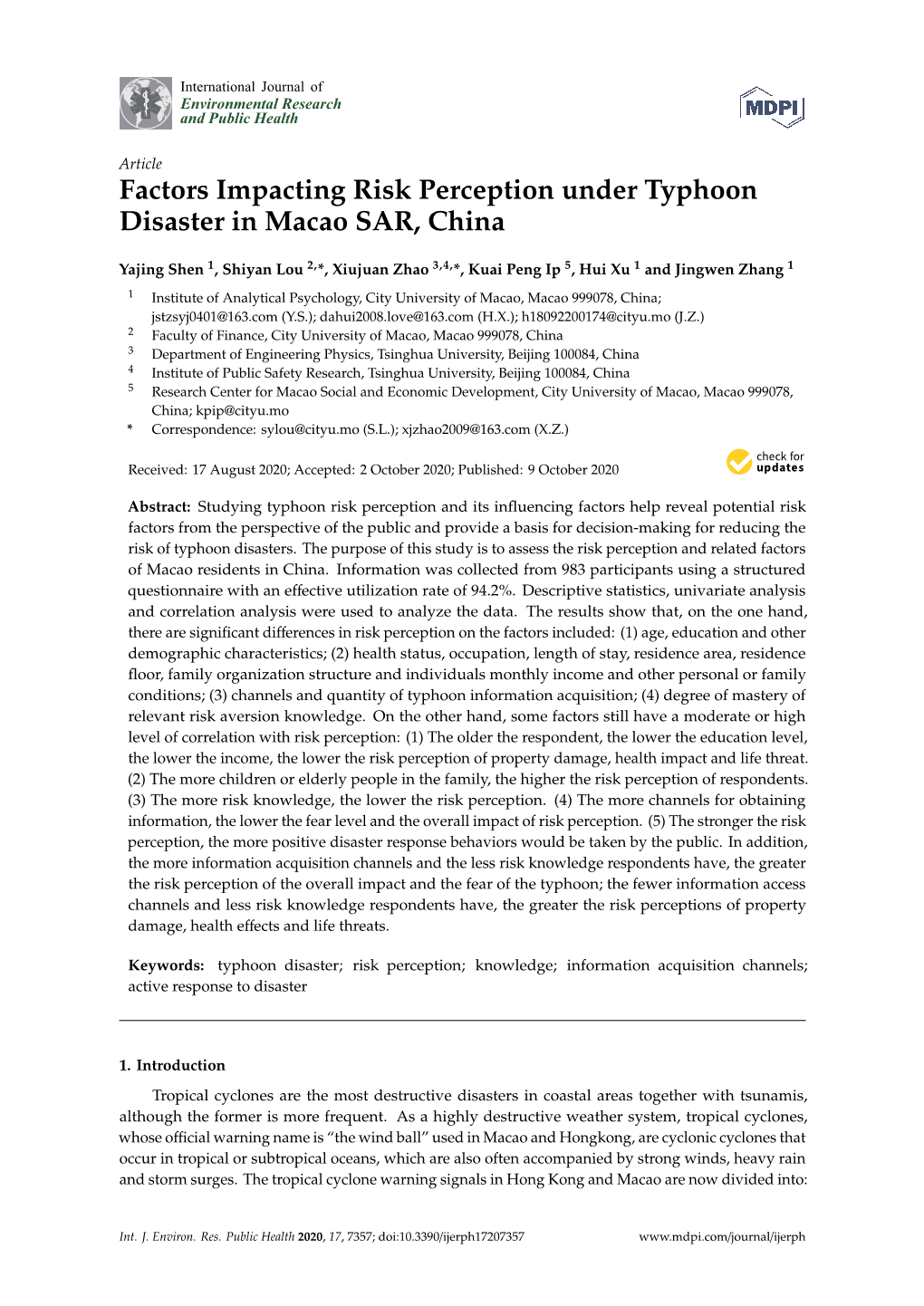 Factors Impacting Risk Perception Under Typhoon Disaster in Macao SAR, China