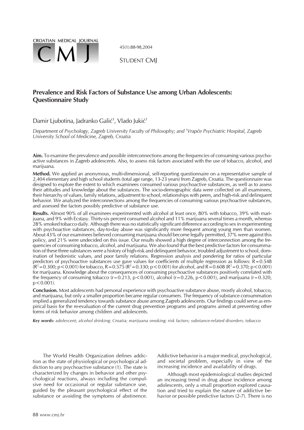 STUDENT CMJ Prevalence and Risk Factors of Substance Use Among