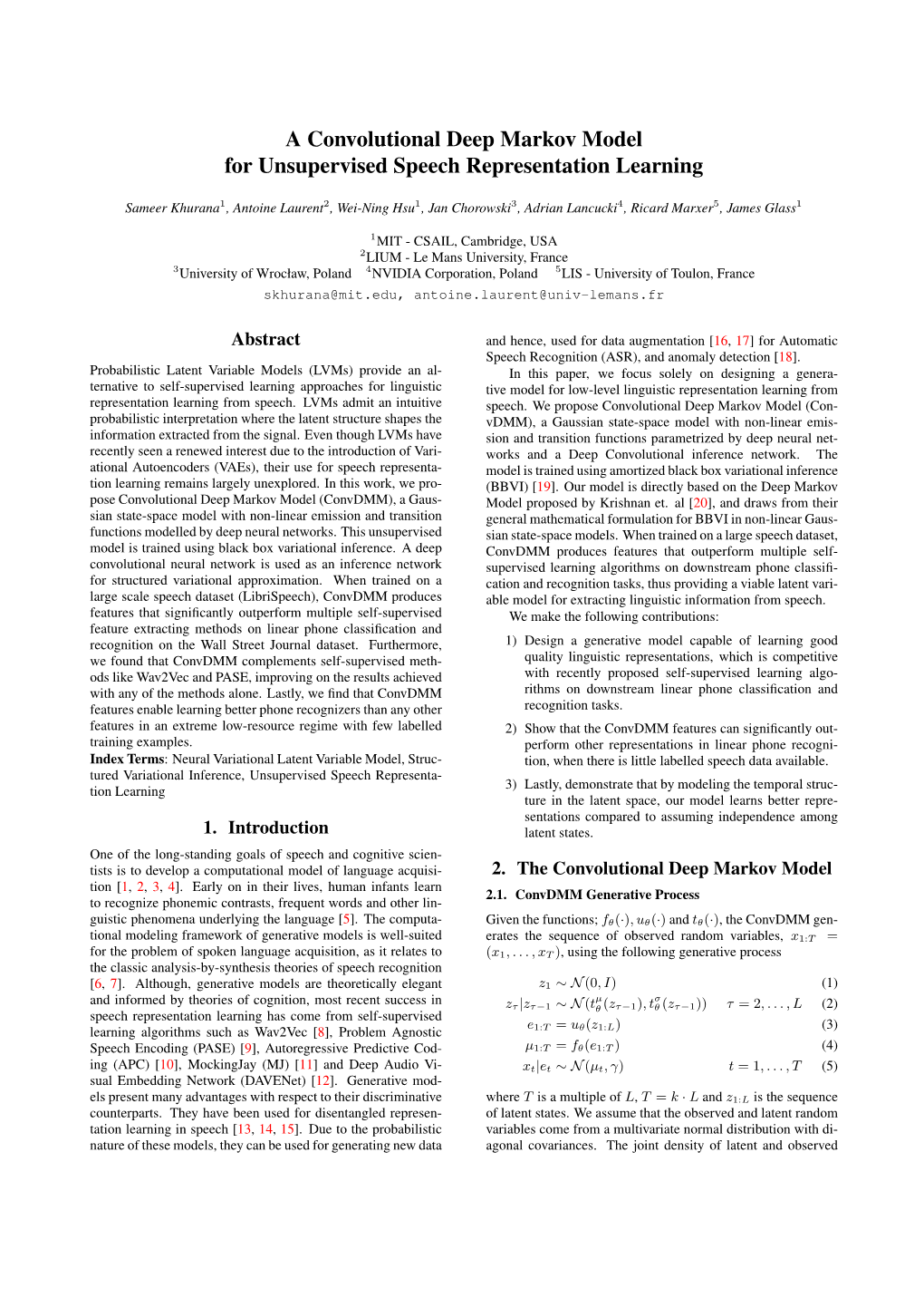 A Convolutional Deep Markov Model for Unsupervised Speech Representation Learning