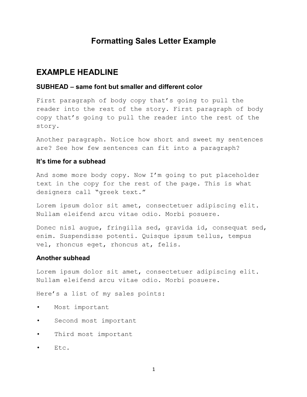 Formatting Sales Letter Example EXAMPLE HEADLINE