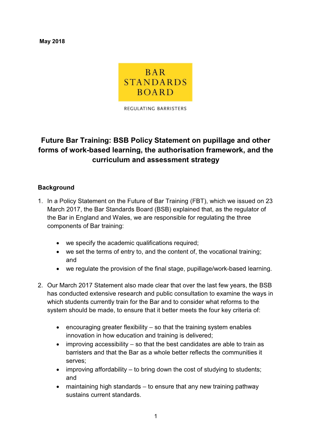 Future Bar Training: BSB Policy Statement on Pupillage and Other