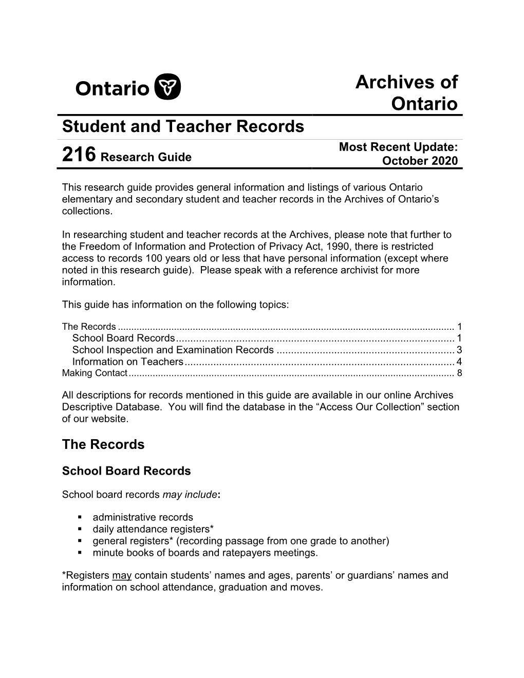 Archives of Ontario Student and Teacher Records Most Recent Update: 216 Research Guide October 2020